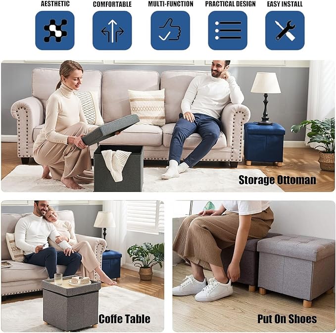 BRIAN & DANY Small Ottoman with Storage, Foot Stool Ottoman Storage Cube, Foot Rest for Couch with Legs, Navy Blue 14.8" x 14.8" x 16"