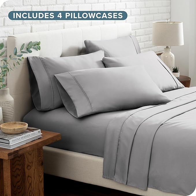 Bare Home Hotel Luxury Full Sheet Set, Extra Soft - 6 Piece Set - Deep Pockets - Easy Fit - Cooling & Breathable - Wrinkle, Fade, Stain Resistant - Includes 4 Pillowcases (Full, Light Grey)