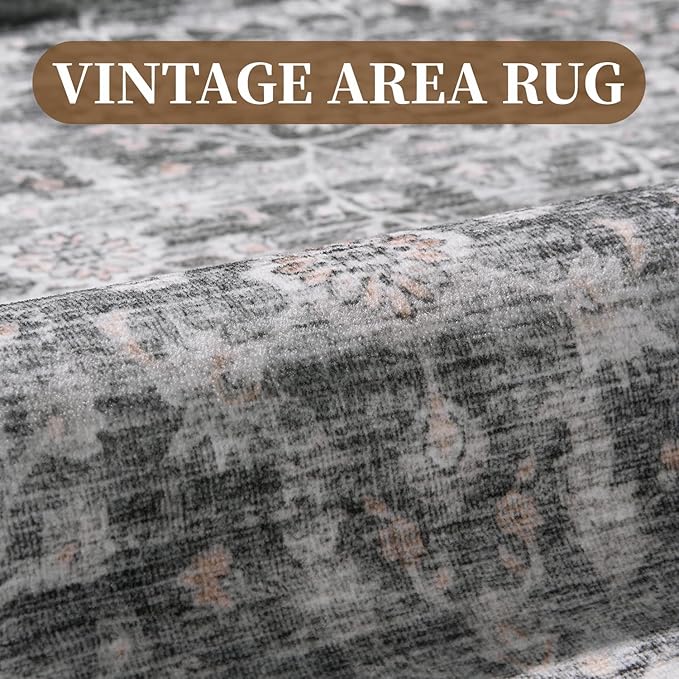 MontVoo-Vintage Area Rugs 8X10 Darkgrey Rugs for Living Room-Soft Distressed Printed Rugs for Bedroom-Non Slip Carpet-Machine Washable Rug for Dining Room Living Room Bedside Office