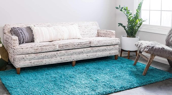 Unique Loom Solid Shag Collection Area Rug (7' 1" x 10' Rectangle, Deep Aqua Blue)
