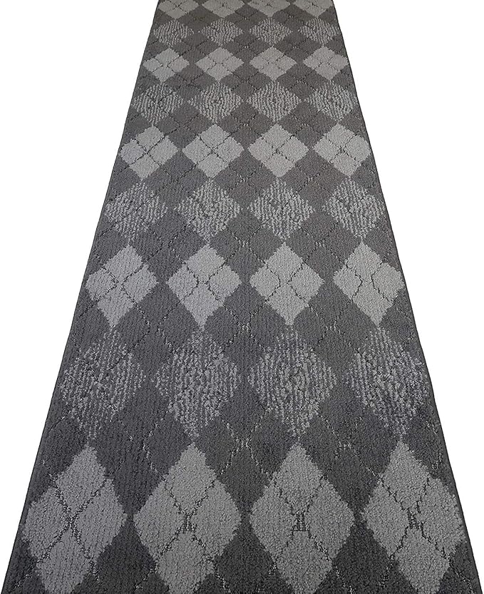Custom Length Hallway Runner Rug,Slip Resistant,Squares Anthracite, 26 Inch X 14 feet, Sold and Priced Per Foot