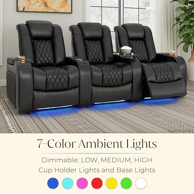 Seatcraft Diamante Zero-Gravity CoolZero Italian Leather Home Theater Seating, Power Headrest, Power Recline, Row of 3 Sofa, Black