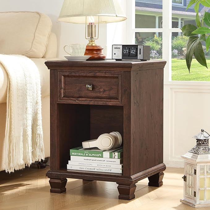 SAVOR LIFE Farmhouse End Tables Living Room with Drawer, Rustic Wood Nightstand with Charging Station, Brown Bedside Table with Open Shelf for Bed Room, Living Room, Walnut