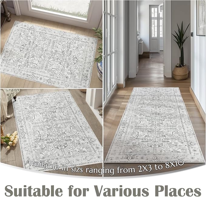 jinchan Lima Hallway Runner Rug 3x10 Washable - Vintage Floral Non Slip Low-Pile Soft Ultra-Thin Faux Wool Kitchen Rug Distressed Carpet Runner for Farmhouse Bedroom Laundry (3x10ft, Grey)