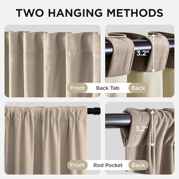 Joydeco Beige 100% Blackout Curtains 120 Inch 2 Panels, Luxury Thermal Beige Velvet Curtains for Bedroom Living Room, Soundproof Blackout Window Drapes, Rod Pocket & Back Tab (52W x 120L)