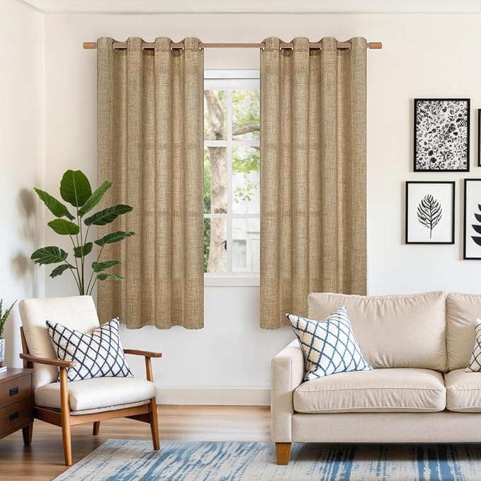 YoungsTex Burlap Linen Curtains 63 Inch Length 2 Panels for Bedroom, Toffee Tan Semi Sheer Drapes Textured with Bronze Grommet Light Filtering for Living Room Farmhouse, 52 X 63 Inch