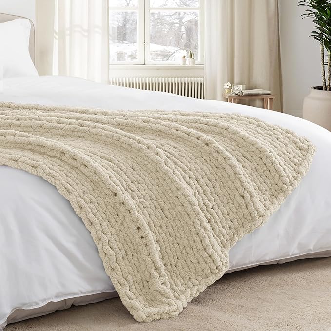 Chunky Knit Throw Blanket 50"X 60", 100% Handmade with Soft Chenille Yarn, 4.4lbs Thick Cable Knitted Blankets, Large Rope Knot Crochet Throws for Couch Sofa Bed Home Decor, Beige