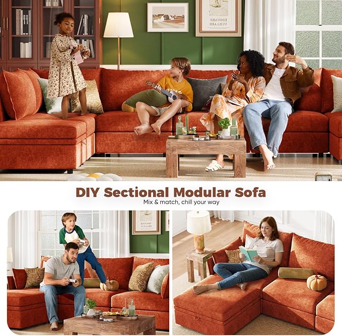 ABCASA 103.5" Oversized Modular Sectional Sofa, L Shaped Convertible Couch with Movable Ottoman, Large 6 Seat Corner Couches for Living Room Deep Seat- Terracotta Orange Chenille
