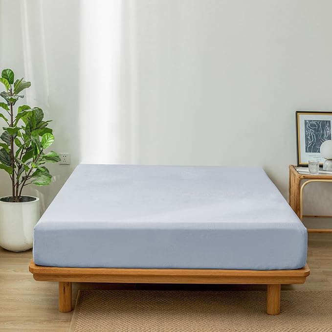MooMee Fitted Bottom Sheet Only 100% Washed Cotton Linen Like Textured Breathable Durable Soft Comfy Deep Pocket Fits Mattress up to 17" (Cornflower Blue, Twin)