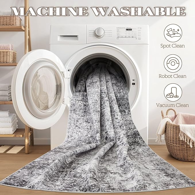 Square Area Rug Living Room Rugs - 5x5 Washable Large Soft Indoor Neutral Modern Abstract Low Pile Rug Carpet for Bedroom Dining Room Farmhouse Home Office - Grey