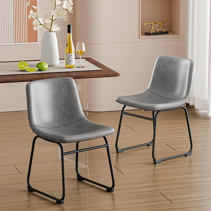 Dining Chairs Set of 2, 18 Inch Modern Armless Dining Chair with Back, Faux Leather Kitchen Dining Room Chair with Metal Legs for Home, Bistro Coffee Shops (Grey)