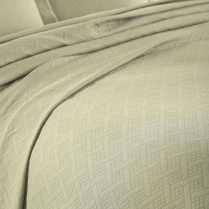 Superior 100% Cotton Basket Weave Bedspread with Shams, All-Season Premium Cotton Matelasse Jacquard Bedding, Quilted-Look Geometric Basket, King, Sage