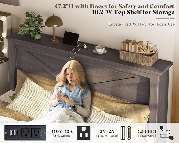 AMERLIFE 47.2" H King Bed Frame with Hidden Space Bookcase Headboard and Charging Station, Beds with 2 Storage Drawers and Wood Slats, No Box Spring Needed, Grey