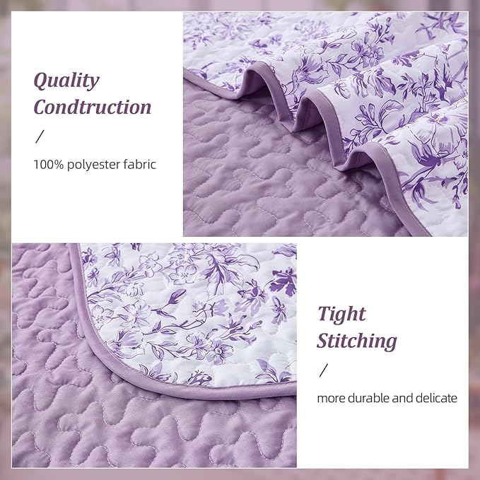 WONGS BEDDING Quilt King Size, Purple Quilt Bedding Set with 2 Pillowcases, Botanical Quilt for King Bed, Soft Microfiber Lightweight Coverlet Bedspread for All Season (110"×90", 3 Pieces)
