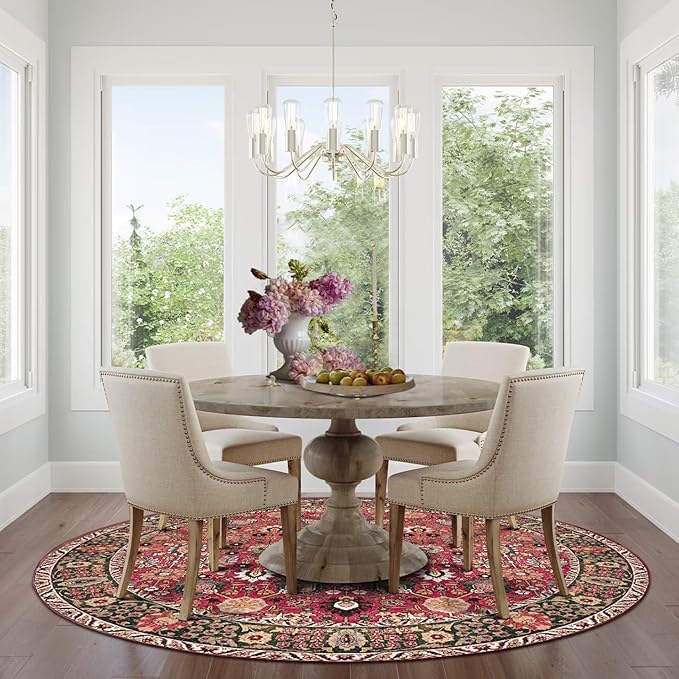 vivorug Round Rug 6ft Vintage Round Area Rug Non-Slip Indoor Carpet for Living Room Bedroom Entryway, Stain Resistant Home Decor Circle Rug, Cherry Red/Spice