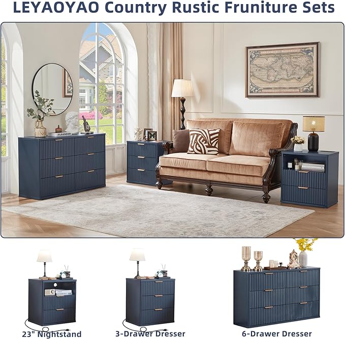 LEYAOYAO 48" Wide Fluted Dresser and 2 Drawers 23" Nightstand Set of 2, Wooden Dresser & Night Stand with Charging Station, 3 Piece Bedroom Furniture Set, Chest of Drawer for Living Room,Blue