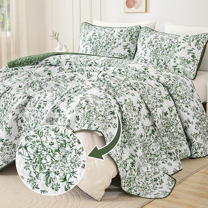 WONGS BEDDING Quilt King Size, Green Quilt Bedding Set with 2 Pillowcases, Botanical Quilt for King Bed, Soft Microfiber Lightweight Coverlet Bedspread for All Season (110"×90", 3 Pieces)