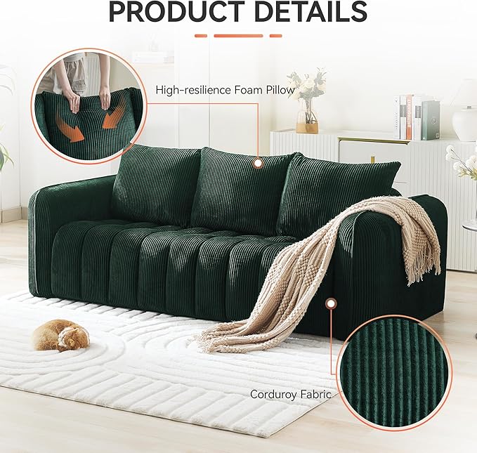 Corduroy Boneless Living Room Sets, Modern Upholstered 3 Seater Sofa with 2 Signle Accent Chairs, Comfy Deep Seat Cloud Sofa Couch Sets for Living Room, Green