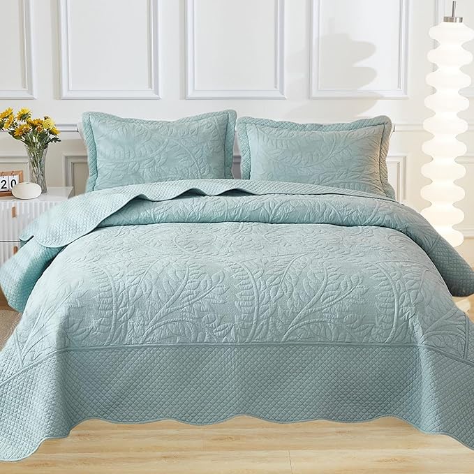 MarCielo 100% Cotton Quilt Set - 3-Piece Embroidered Farmhouse Bedspread & Shams, All-Season Breathable Bedding(Aruba Blue,Queen)