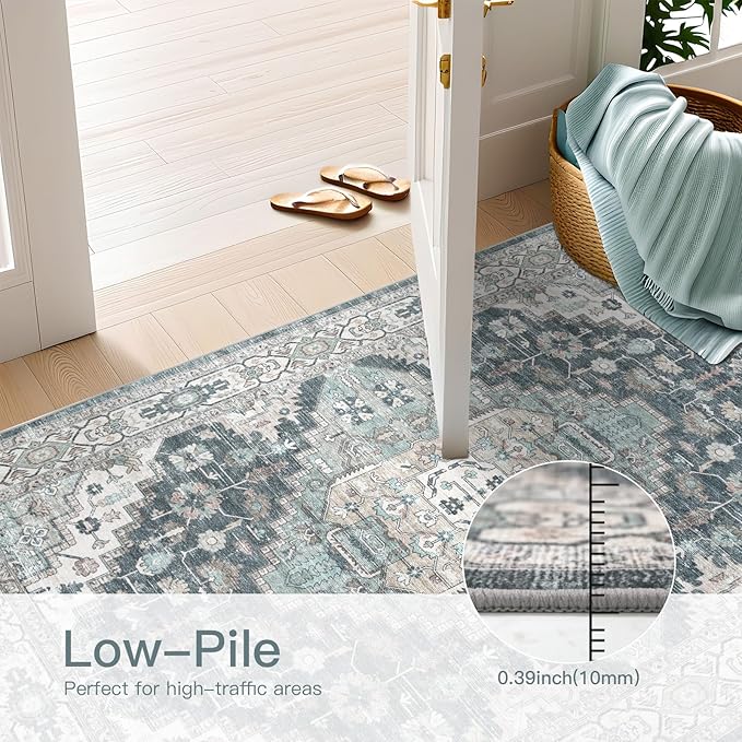 Washable Runner Hallway Rug,Low Pile 2x10 Non Slip Non-Shedding Kitchen Carpet Soft Indoor Stain Resistant Rug for Bedroom Laundry Room Bathroom Blue Beige Multi