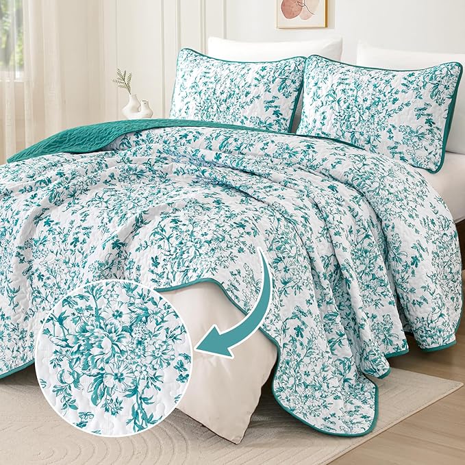 WONGS BEDDING Quilt King Size, Teal Quilt Bedding Set with 2 Pillowcases, Botanical Quilt for King Bed, Soft Microfiber Lightweight Coverlet Bedspread for All Season (110"×90", 3 Pieces)