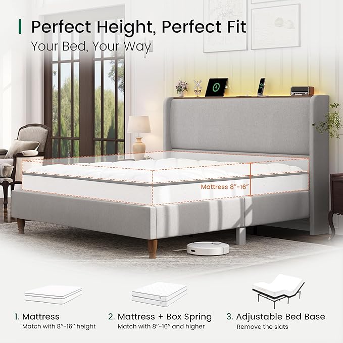LARMACE King Size Bed Frame with LED Lights and Charging Station Linen Upholstered Platform Bed Frame with 51.2" Tall Wingback Headboard and Storage Shelf, No Box Spring Needed, Easy Assembly, Grey