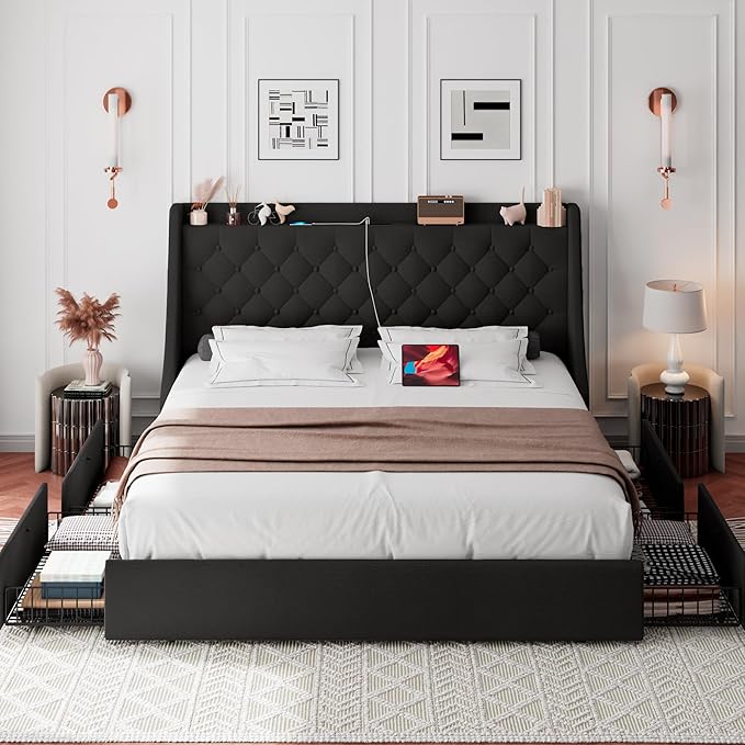 iPormis Full Size Bed Frame with 4 Storage Drawers, Upholstered Platform Bed Frame with Type-C & USB Ports, Wingback Storage Headboard, Solid Wood Slats, No Box Spring Needed, Black
