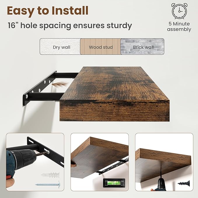 48 Inch Floating Shelves for Wall, 8 Inch Deep Floating Shelf for Storage & Display, Wall Mounted Shelf with Invisible Brackets for Living Room, Kitchen, Bathroom, Home Decor, Set of 2, Rustic Brown