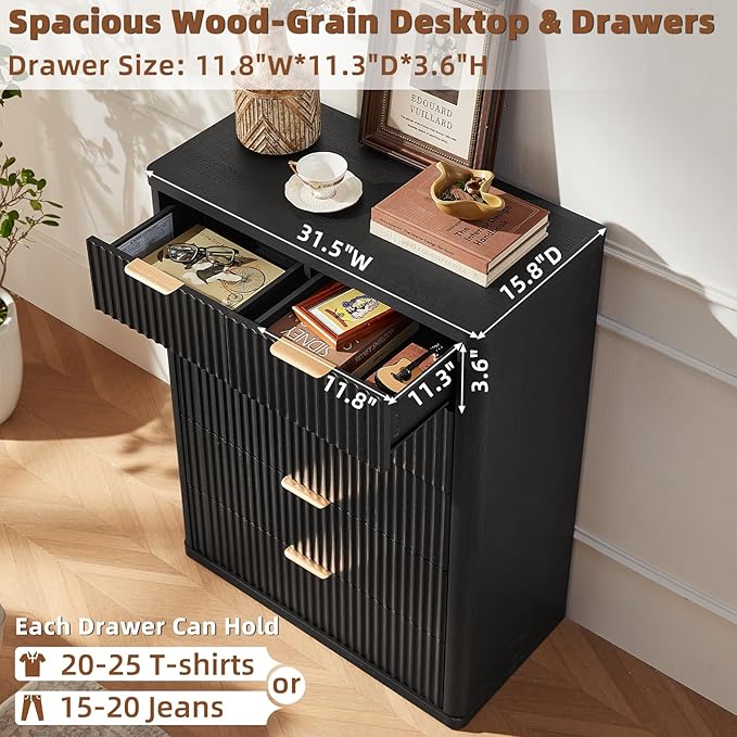 LEYAOYAO Fluted Dressers & Nightstand Set of 3, Wood 48" Wide Dresser & 42" Tall Chest of Drawers,Modern Bedroom Furniture Sets, Black Wooden Nightstand with 3 Drawers & Charging Station