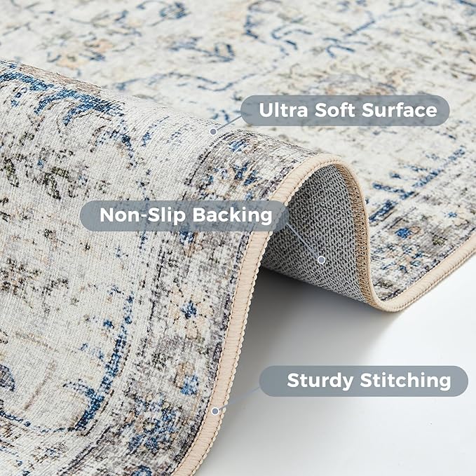 jinchan Kalen Area Rug 9x12 Washable Living Room Rug Vintage Indoor Large Floor Cover Retro Accent Mat Distressed Floral Country Boho Non Slip Thin Carpet for Bedroom Dining Room Office Blue Multi