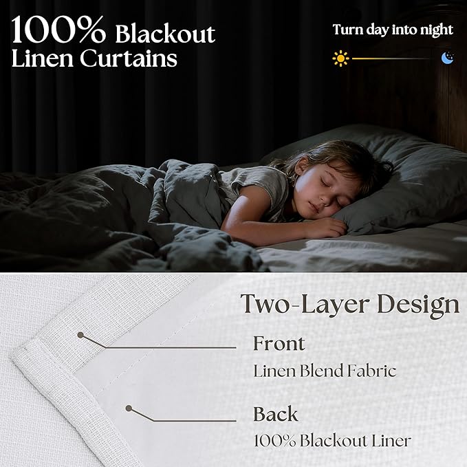 Pinch Pleated Blackout Curtains 102 Inches Long for Bedroom 100% Black Out Thick Linen Dual Layer Pinch Pleat Drapes with Back Tab Farmhouse Country Snow White 102 Inch Curtain for Dining Living Room