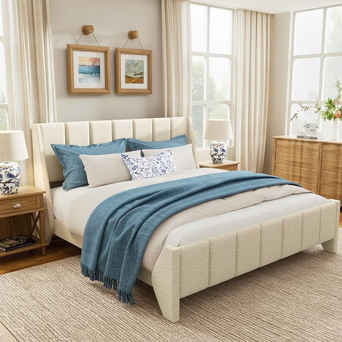 Brafab Full Boucle Upholstered Bed Frame with Wingback Headboard, No Box Spring Needed, Easy Assembly, Platform Bed with Wooden Slats, Beige