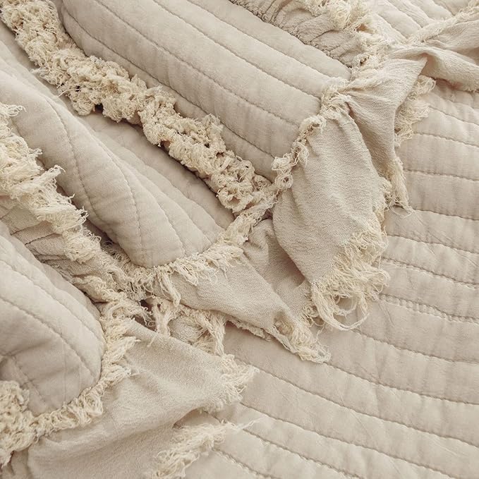 Ultra Soft Pre-Washed Quilted Boho Beige Queen Size Blankets for Bed, Ruffle Fringed Decorative Throw, Stone Washed Chic Rustic Blanket for Sofa Couch Bed, 90"*90"