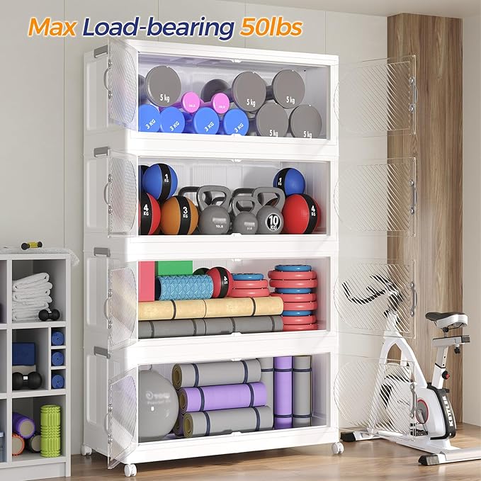 360QT Plastic Stackable Storage Bins with Lid, 90GAL Extra Large Collapsible Box with Wheels Clear Door, Foldable Closet Organizer Container Cabinet Drawer for Home Kitchen，3Pack, White