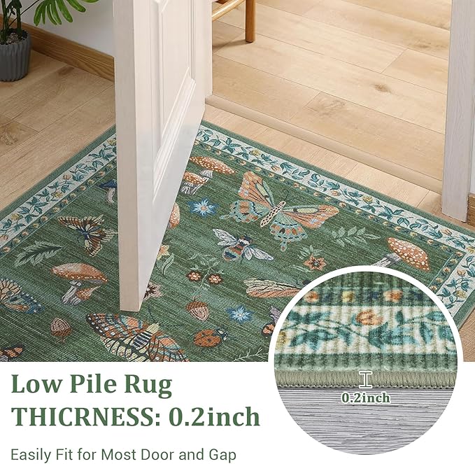 Mushroom Washable Area Rug 6x9 Rugs for Living Room Soft Low-Pile Stain Resistant Thin Carpet for Bedroom Dining Nursery Non Slip Mat with Rubber Green