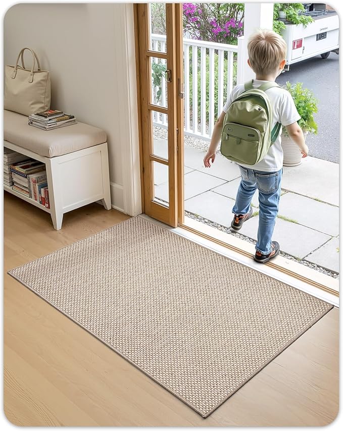 Color&Geometry Ultra-Thin Indoor Door Mat, 32"x48" Low-Profile Non-Slip Entryway Rug with Modern Geometric Texture, Washable Doormat for Indoor Entrance, Front Door, Khaki (Rolled-up NO Creases)