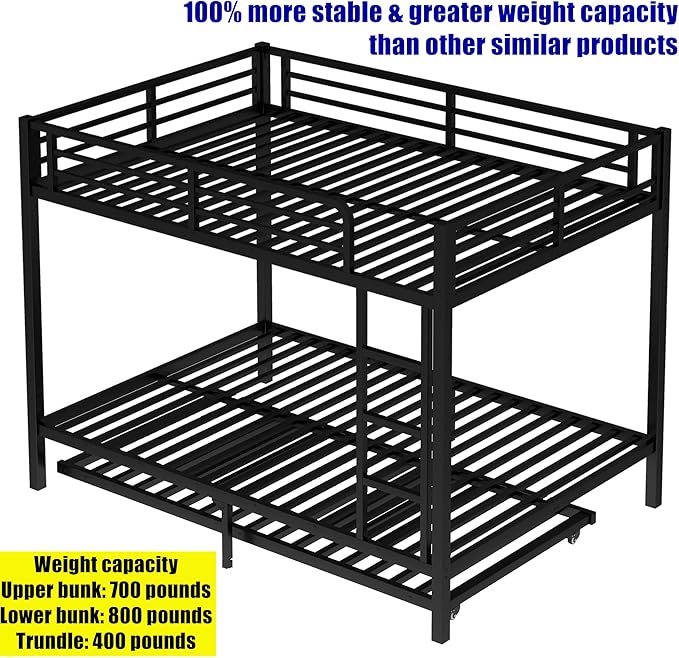 Higher Quality & Stronger Metal Bunk Bed Full Over Full Size Bunkbed Frame, Thickened Heavy Duty More Stable Steel Bunk Bed with Twin Size Trundle (Full)