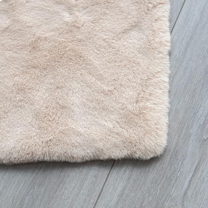 Beige Plush Faux Rabbit Shaggy Fur Rug for Living Room Large Fluffy Washable Runner Area Rugs for Bedroom 2x8 Runner Nursery Rug