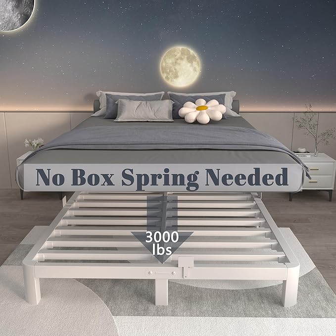 ITIMIDI 4 Inch White Queen Bed Frame, Metal Platform Bed Frames with Metal Gaskets, Heavy Duty Steel Support 3000 LBS, No Box Spring Needed, Anti-Slip Mattress Stopper, Easy Assembly