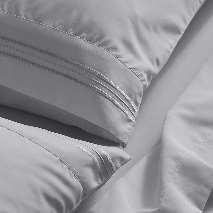 Mellanni Queen Sheet Set - 6-Piece Iconic Collection Bedding, (Including 4 Pillowcases), 21-Inch Extra Deep Pocket, Easy Care, Ultra Soft, Cooling Sheets, Brushed Microfiber - Light Gray