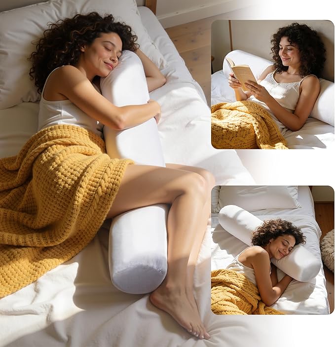SyMax 7.8"x38" Body Pillow for Twin Bed, Memory Foam Bolster w/Removable Velvet Cover, Headboard Gap Filler Pillow, White