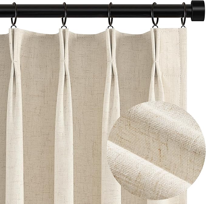 Topfinel Extra Long Total Blackout Cream Linen Curtains 108 Inches Long for Large Window with Hooks Rings, Pinch Pleated Cold Blocking Acoustic Heavy Ivory Track Tall Curtains 2 Panels 9 FT Beige Tan