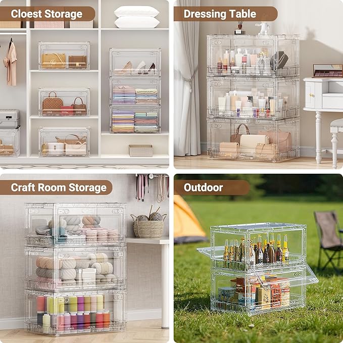 BROVIEW 400Qt Stackable Storage Bins with Lids Wheels, XL Clear Plastic Drawers Foldable Closet Organizers and Storage Cabinet Display Box Shelves with Front & Back Doors, for Home Office Garage,5Pack