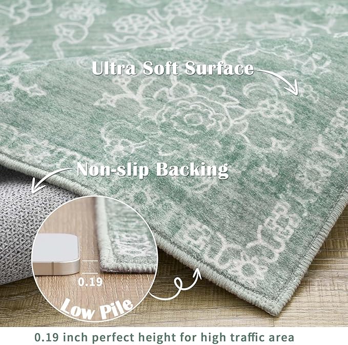 jinchan 6x9 Machine Washable Area Rugs for Living Room – Vintage Floral Soft Stain Resistant Low Pile Rug, Non Slip Ultra-Thin Carpet for Bedroom, Dining Room, Home Office, Nursery (6'x9', Green)