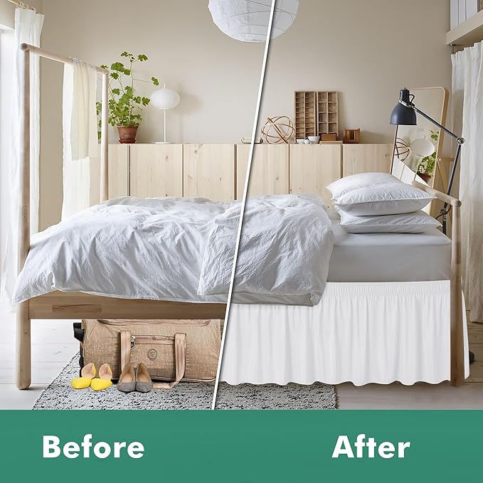 Biscaynebay Wrap Around Bed Skirts with Split Corners for King Beds 25" Drop, White Adjustable Elastic Dust Ruffles Easy Fit Wrinkle & Fade Resistant Silky Luxurious Fabric Machine Washable