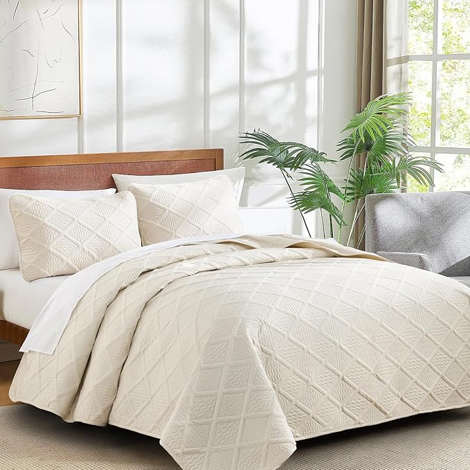 Yiran Queen Quilt Set Beige Spring Summer Bedspreads Bedding Set 3 Pieces Thin Lightweight Microfiber Coverlet with 2 Pillow Shams for All Season