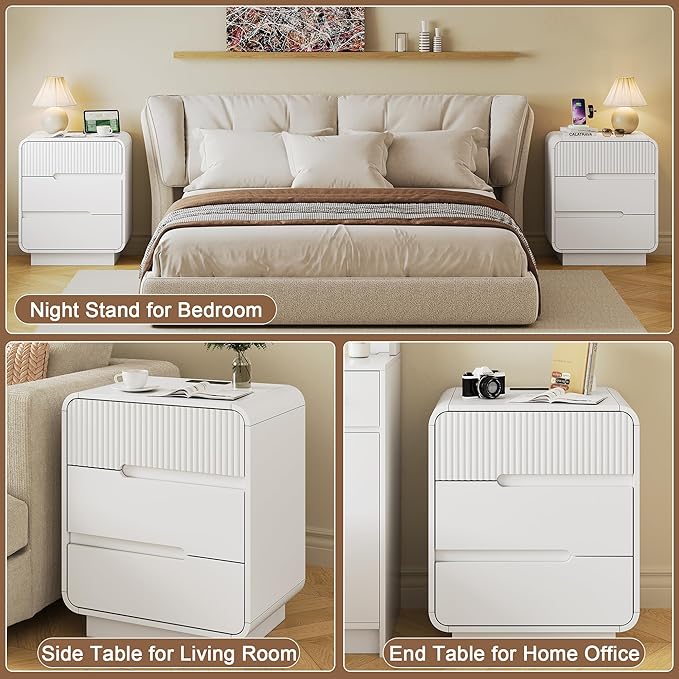 9 Drawer Dresser and 2 Nightstand Sets for Bedroom 3 Pcs Bedroom Set, Modern 57.9" Fluted Dresser with Invisible Handles Nightstand Charging Station, Bedroom Furniture Set for Living Room, White