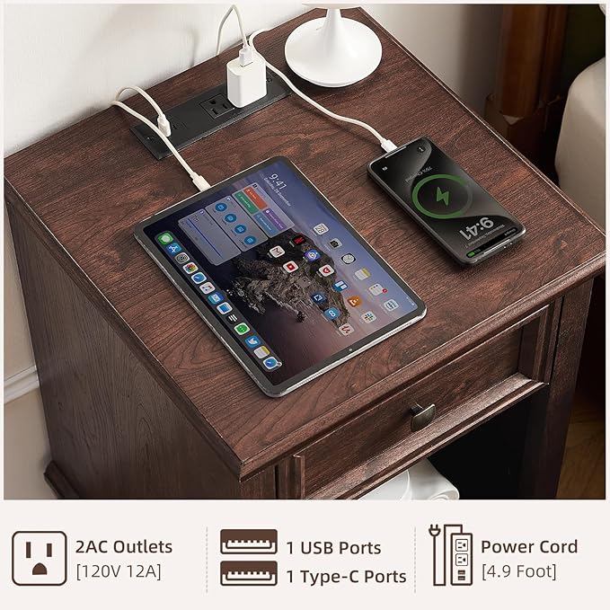 SAVOR LIFE Farmhouse End Tables Living Room Set of 2, Rustic Wood Nightstand with 1 Drawer, Brown Bedside Table with Open Shelf for Bed Room, Side Tables for Living Room, Walnut