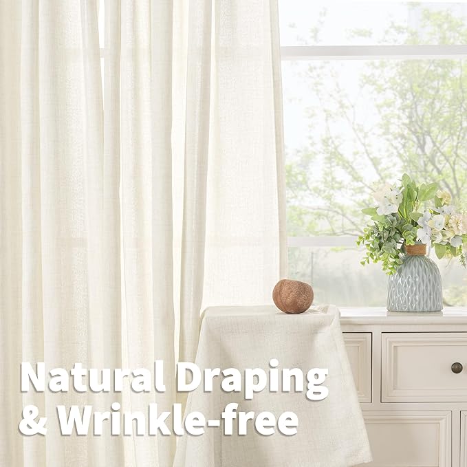 YoungsTex Ivory Linen Curtains 63 Inch Length for Living Room Window, Light Filtering Drapes Rustic Semi Sheer with Bronze Grommet Privacy for Bedroom Farmhouse Decorative, 52 x 63 Inch, 2 Panels