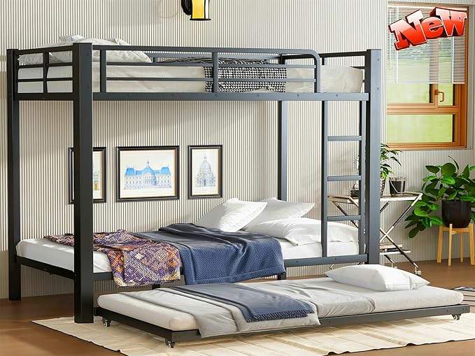Higher Quality & Stronger Metal Bunk Bed Twin XL Over Twin XL Size Bunkbed Frame, Thickened Heavy Duty More Stable Steel Bunk Bed with Twin Size Trundle